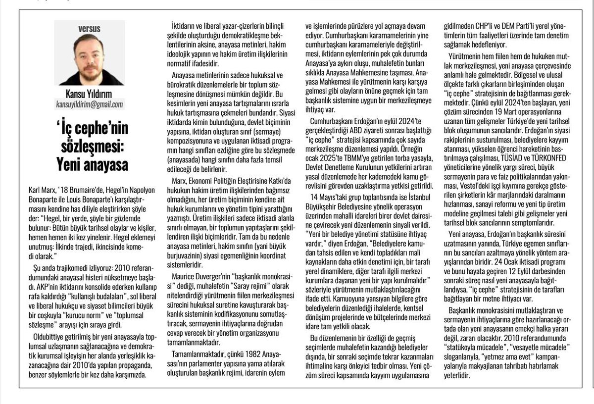 Yeni Anayasayı hukuk tartışmasına çekip, 2010'da yaptıkları gibi 'demokrasi' ve 'kurucu norm' çıkarma propagandası artıyor. Yeni Anayasa, M. Duverger'nin başkanlık monokrasisi dediği yapıyı mutlaklaştırarak, devlet biçimini yeniden düzenleyecek bir aşama⬇️
evrensel.net/yazi/96988/ic-…