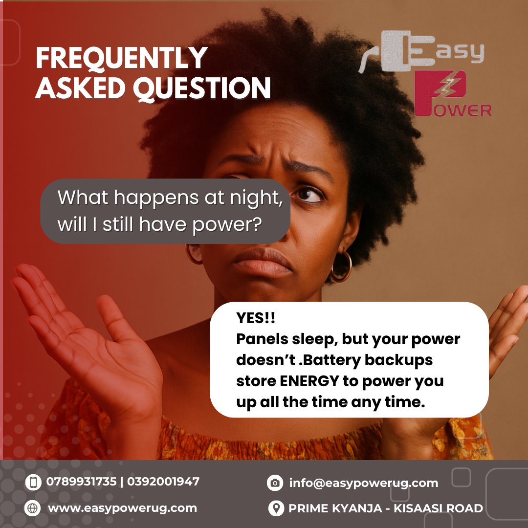 The sun has gone to bed? Your power must not.
Thanks to Easy Power’s battery backups, the energy you collect by day keeps your power ON all night
📞 Join the 24/7 power club,call us now 0789931735 | 0392001947
 #EnergyThatNeverQuits #SolarUganda