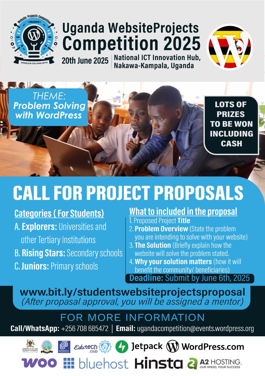 RamseyScored's tweet image. Tech can solve problems.
So, what problem will YOU solve with a website?
Join the Uganda Website Projects Competition 2025
When: June 20 | Where: Nakawa, Kampala
Lots of prizes, including Cash!
Submit your idea by 6 Jun: bit.ly/studentswebsit…
#WordPress #EdTechTech #WPKLA