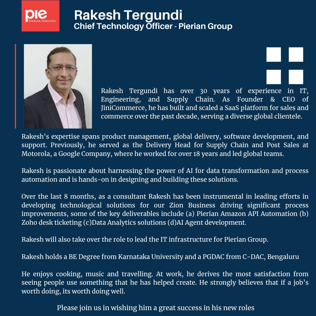 PierianInfo's tweet image. We're thrilled to welcome Mr. Rakesh Tergundi as our new Group CTO, effective May 2025.
 
We’re excited about the future under his leadership — welcome aboard, Rakesh!
 
#TechLeadership #StrategicVision #TechInnovation #Leadership #Technology #Innovation #WelcomeAboard