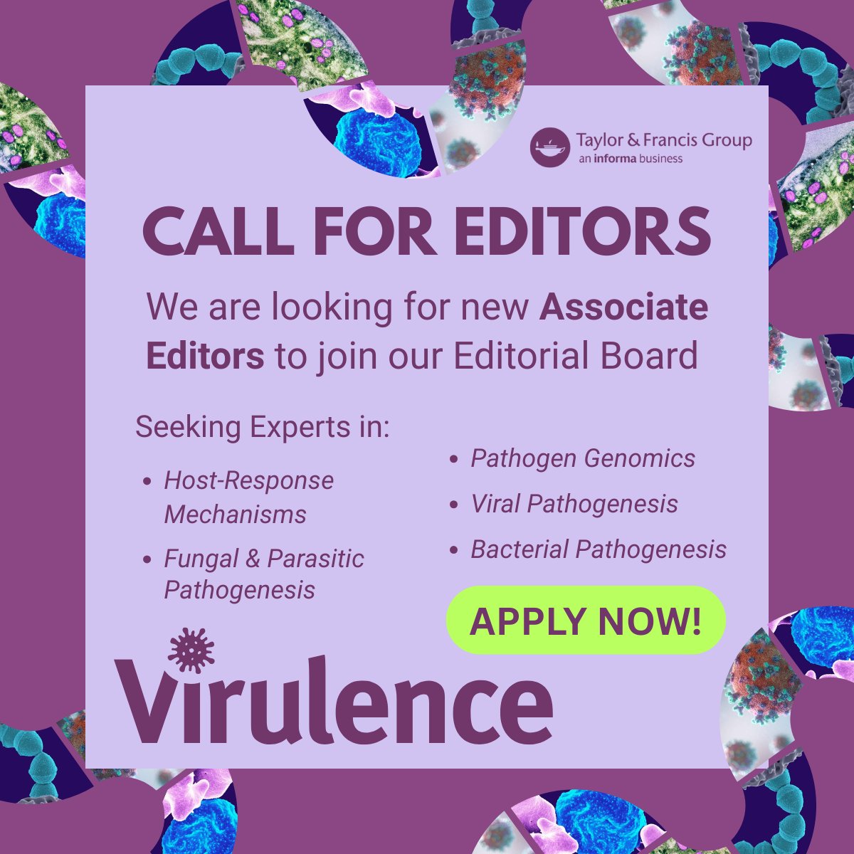 🔬 Virulence is recruiting Associate Editors! 🧫

Join our Editorial Board and help shape the future of a leading journal in infectious disease research!
📥 Apply here: bit.ly/4jiGbzw 

#Virulence #AcademicPublishing #Microbiology #ScienceCareers #OpenAccess