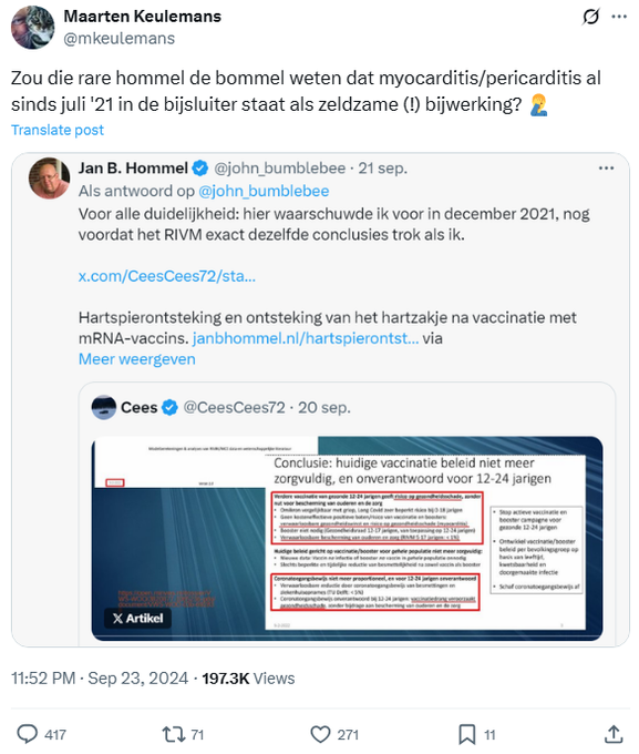 veen_els's tweet photo. Ook in Nederland werden artsen gecensureerd en gecancelled als ze waarschuwden voor de mRNA vaccins in relatie tot myocarditis. Jan Bonte @BumblebeeJoe schreef er al in december 2021 een blog over. @Lareb_NL @MinVWS @MedicijnNL 
https://t.co/B4cbsnywNq
Je kunt artsen verketteren als wap, antivaxer, corona-ontkenner en antivaxer, en die artsen censureren en hun podium ontnemen, zoals met Jan Bonte's eerdere accounts @hommel_b en @the_stinging is gebeurd. Jan Bonte werd in 2020 ontslagen en betaalde dus een hoge prijs voor zijn kritische houding over de Coronamaatregelen.

Volgens sommige meldend huisartsen bij de @IGJnl zou ik zelfs 'doden op mijn geweten' hebben. Dat baseerde de betreffende melder enkel op mijn posts hier op @X. Deze beschuldiging was nergens op gebaseerd, maar werd wel als melding serieus genomen door de Inspectie. Waarom zou de Inspectie een onschuldige arts wel onderzoeken, enkel om haar mening, en tegelijk niet onderzoeken of de mRNA prikken wel zo veilig waren als werd beloofd door de farmaceut?

Je kunt jarenlang waarschuwingen in de wind slaan en niet zorgvuldig onderzoeken of deze vaccins wel zo 'veilig en effectief' zijn voor jonge mensen en zelfs kinderen. Je kunt artsen die bezorgd zijn en kritisch zijn belachelijk maken. Je kunt dat allemaal doen, maar dan draag je wél mede de verantwoordelijkheid voor het feit dat miljoenen mensen deze prikken haalden omdat ze dachten dat ze veilig waren, dat het mRNA 'maar even in de arm' zou zitten en dan het lichaam zou verlaten en omdat ze erop vertrouwden dat ze de prikken 'voor een ander' namen. 

Deze mensen hadden erop moeten kunnen vertrouwen dat EMA, CBG, het ministerie van VWS, IGJ, het RIVM en Lareb hun werk zouden doen en zorgvuldig zouden monitoren of de mRNA vaccins wel zo veilig en effectief waren als de farmaceuten beweerden. Maar dat is niet gebeurd. 

Integendeel, artsen die probeerden te waarschuwen of informed consent wilden en hun patiënten informeerden werden 'full force' aangepakt door de IGJ, in opdracht van de minister van VWS. Die artsen werden namelijk als bedreigend gezien. Bedreigend voor de vaccinatiegraad. Het is zo ongelooflijk cynisch.

Het Lareb weigerde onlangs nog duidelijkheid te geven aan wetenschappers Meester, Walk en Bakker over de vaccinatiestatus van 700 mensen die in 2021 vlak na de vaccinatie overleden. Het Lareb, wat bijwerkingen had moeten registreren en daarin transparant had moeten zijn, zeker als wetenschappers onderzoek doen naar de voortdurende oversterfte sinds Corona.

Het was de afgelopen jaren vechten tegen de bierkaai, als je arts of wetenschapper was en je zorgen maakte over de mRNA vaccins en de prikcampagnes. In Amerika worden de destijds verketterde en gecensureerde artsen alsnog gehoord, onder ede in de Senaat. Veel te laat, maar het is een begin en alleen hierdoor kan de waarheid over de veiligheid van de mRNA prikken blijken.

In Nederland is het net alsof de verantwoordelijken met een vinger in het gat van de dijk een overstroming proberen te voorkomen. Ik ben niet benieuwd of dat gaat lukken.

"There can no keener revelation of a society's soul than the way in which it treats its children"