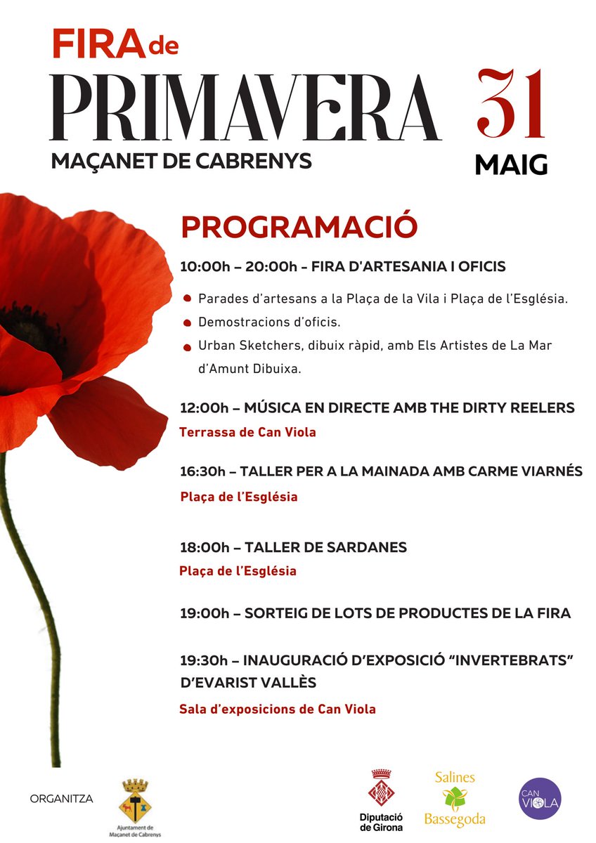 🌷 FIRA DE PRIMAVERA 🪻

📆 Dissabte 31 de maig

Us presentem el programa sencer de la jornada. Música en directe, tallers de sardanes, art, parades d'artesania, urban sketchers, ....

No us ho podeu perdre, serà un dia ple de vida i colors! Us hi esperem!