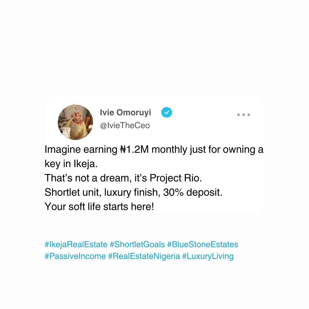 bluee_rebel's tweet image. Buy a shortlet in Ikeja, let it pay you monthly. Soft life is calling—pick up!
DM to own yours today.
#ProjectRio #PassiveIncome #BlueStoneEstates