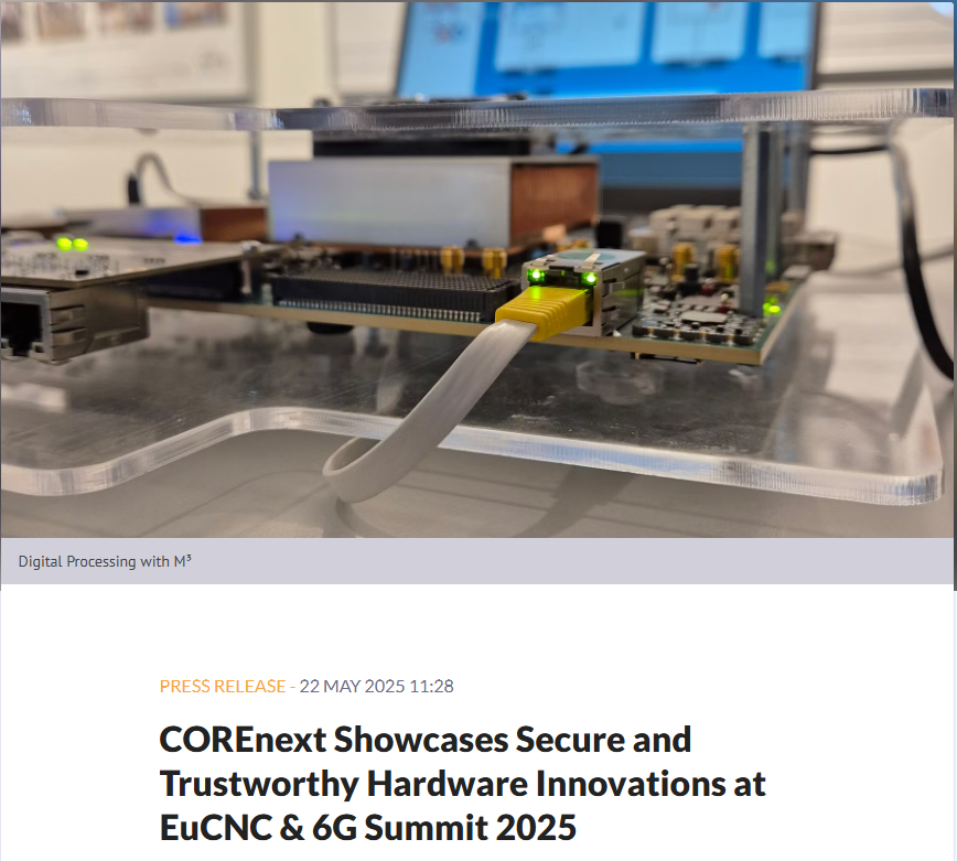 COREnext (@corenext_eu) on Twitter photo 🔒 <a href="/COREnext_EU/">COREnext</a> has just published a new press release on <a href="/mynewsdesk/">Mynewsdesk</a> , highlighting its presence at <a href="/EuCNC/">2025 EuCNC & 6G Summit</a> & 6G Summit 2025!
The project will showcase innovations in secure and trustworthy hardware for next-generation networks, including live demonstrations of sub-THz 🔒 <a href="/COREnext_EU/">COREnext</a> has just published a new press release on <a href="/mynewsdesk/">Mynewsdesk</a> , highlighting its presence at <a href="/EuCNC/">2025 EuCNC & 6G Summit</a> & 6G Summit 2025!
The project will showcase innovations in secure and trustworthy hardware for next-generation networks, including live demonstrations of sub-THz