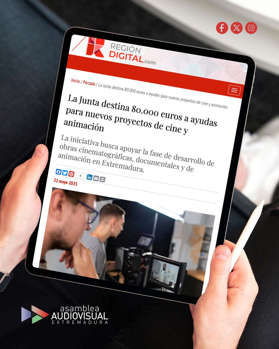 Sindicato ASAEX (@sindicatoasaex) on Twitter photo La <a href="/Junta_Ex/">Junta de Extremadura</a> destina 80.000 euros a #Ayudas para nuevos proyectos de #Cine y #Animación con el objetivo de apoyar la fase de desarrollo de obras cinematográficas, #Documentales y de animación en #Extremadura.
📰 Leer Noticia: acortar.link/b99MdV vía <a href="/Region_Digital/">Región Digital</a> La <a href="/Junta_Ex/">Junta de Extremadura</a> destina 80.000 euros a #Ayudas para nuevos proyectos de #Cine y #Animación con el objetivo de apoyar la fase de desarrollo de obras cinematográficas, #Documentales y de animación en #Extremadura.
📰 Leer Noticia: acortar.link/b99MdV vía <a href="/Region_Digital/">Región Digital</a>