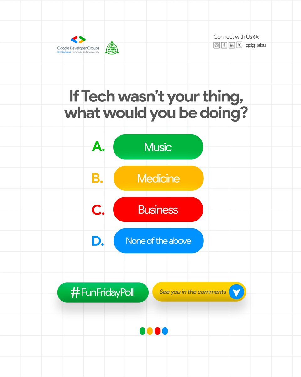 Let’s play a little game...
If tech wasn’t your thing, what path would you be walking?

A. Music
B. Medicine
C. Business
D. None of the above (drop yours!)

We know tech chose you—but what almost stole your heart?

Vote below and tag a friend to join the fun!

#GDGOnCampus #Fun