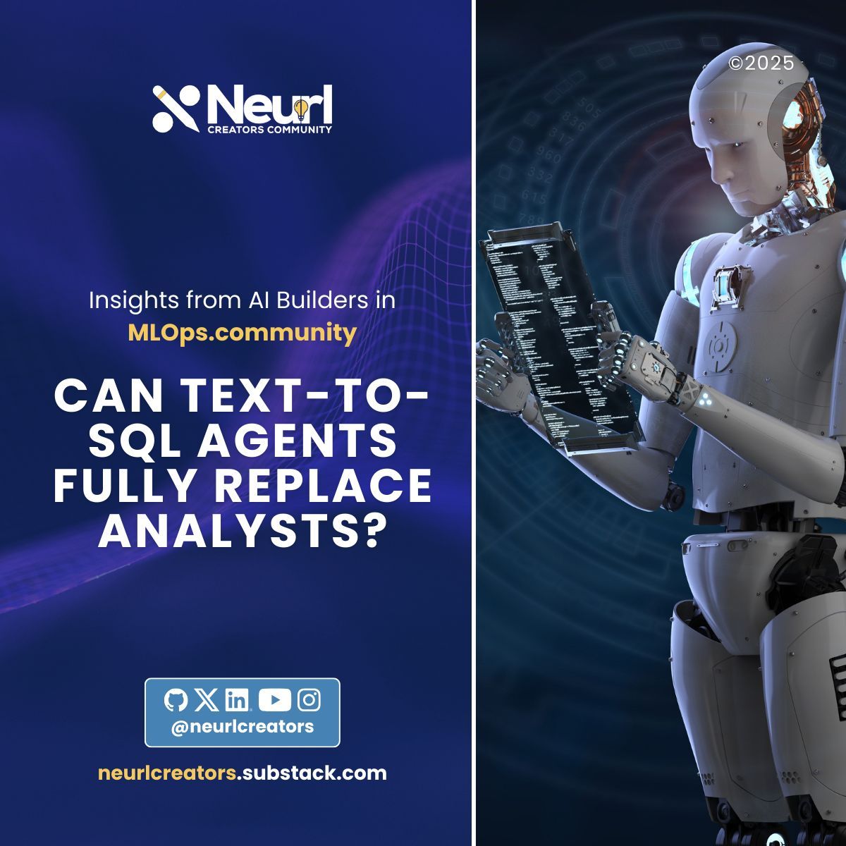 NeurlCreators's tweet image. Hands-free Text-to-SQL? Still risky. RAG + metadata help, but agents need human eyes.
Hybrid wins: agent runs simple SELECTs, analyst checks the rest.
Faster queries, no “DROP TABLE?!” scares.
Your take?👇
buff.ly/IWe8S3p
#TextToSQL #LLM #SQL #NeurlCreators