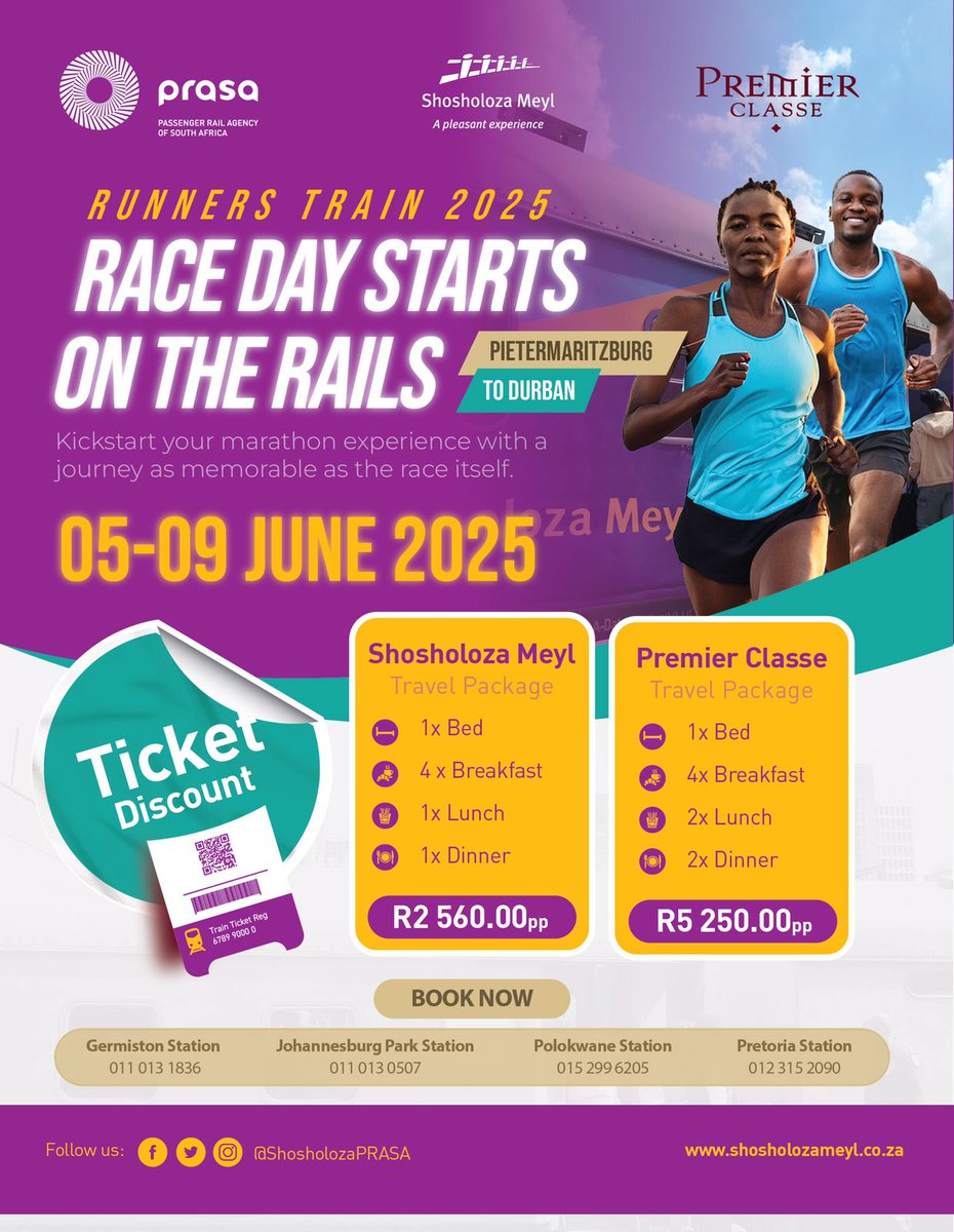 Shosholoza Meyl PRASA (@shosholozaprasa) on Twitter photo Are you still struggling with transport and accommodation to the #ComradesMarathon2025? Akuna stress, we’ve got you covered!
Get 30% discount on our packages now!
Space is limited, and we're almost sold out, so act fast. <a href="/PRASA_Group/">PRASA Group</a> <a href="/ComradesRace/">ComradesRace</a> <a href="/MrPriceSport/">Mr Price Sport</a> Are you still struggling with transport and accommodation to the #ComradesMarathon2025? Akuna stress, we’ve got you covered!
Get 30% discount on our packages now!
Space is limited, and we're almost sold out, so act fast. <a href="/PRASA_Group/">PRASA Group</a> <a href="/ComradesRace/">ComradesRace</a> <a href="/MrPriceSport/">Mr Price Sport</a>