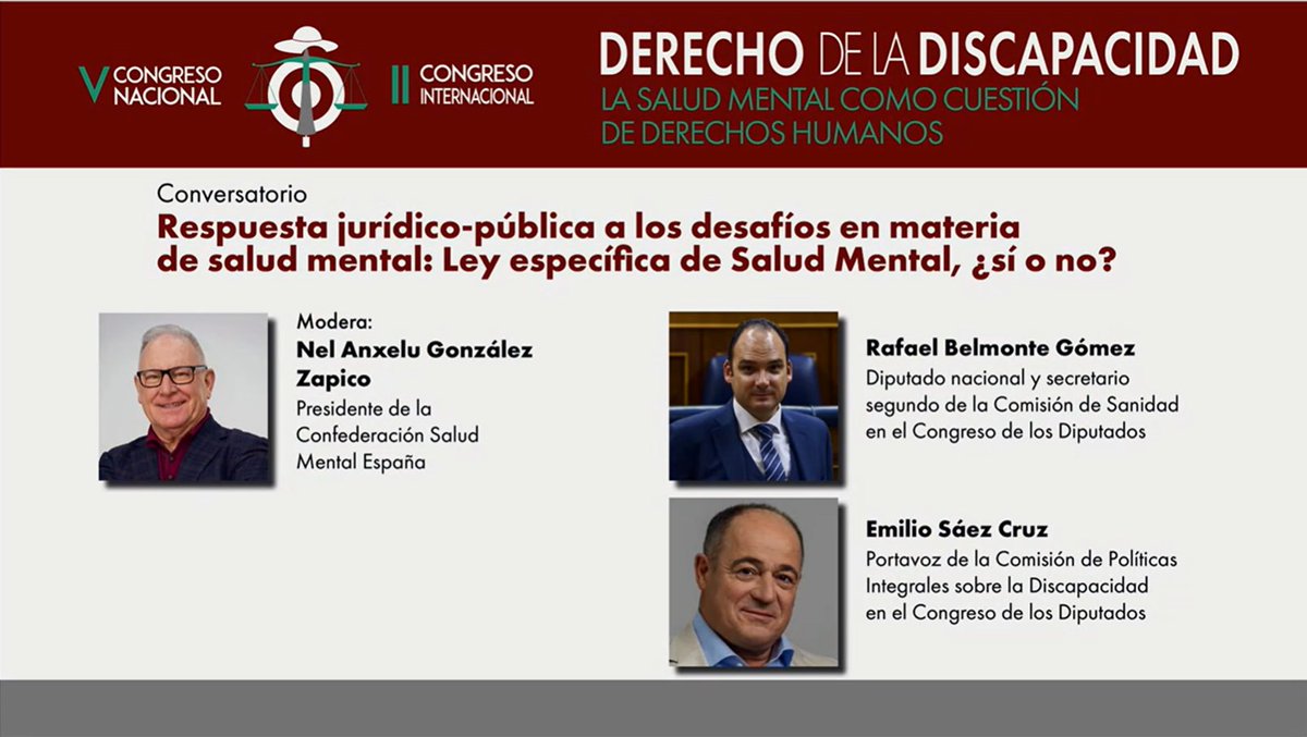 SALUD MENTAL ESPAÑA (@consaludmental) on Twitter photo ⚖️ Ley específica de Salud Mental, ¿sí o no?
🗣️Nel González, presidente de #SaludMentalEspaña, modera un conversatorio con los diputados del <a href="/Congreso_Es/">Congreso</a>: 👥Emilio Sáez (<a href="/PSOE/">PSOE</a>) y Rafael Belmonte (<a href="/ppopular/">Partido Popular</a>).
#VCongresoDerechoDiscapacidad <a href="/CongresoDiscap/">Congreso Nacional de Derecho de la Discapacidad</a> ⚖️ Ley específica de Salud Mental, ¿sí o no?
🗣️Nel González, presidente de #SaludMentalEspaña, modera un conversatorio con los diputados del <a href="/Congreso_Es/">Congreso</a>: 👥Emilio Sáez (<a href="/PSOE/">PSOE</a>) y Rafael Belmonte (<a href="/ppopular/">Partido Popular</a>).
#VCongresoDerechoDiscapacidad <a href="/CongresoDiscap/">Congreso Nacional de Derecho de la Discapacidad</a>