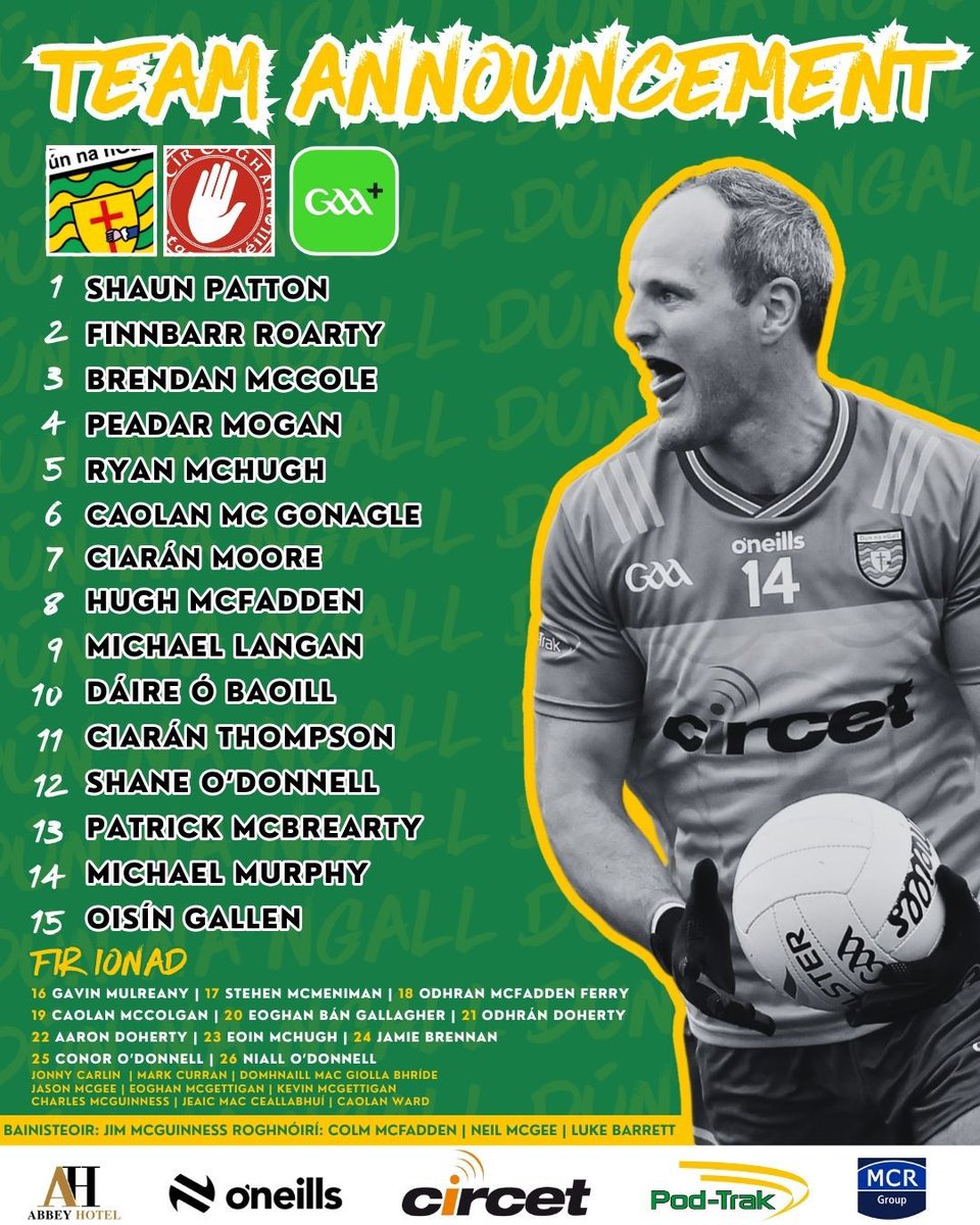 TEAM ANNOUNCEMENT 📢 

🏐 Donegal 🟨🟩 vs Tyrone 🟥⬜️
📍Páirc Mac Cumhaill, Ballybofey
🗓 Saturday, May 24th
⏰ 7:00pm
📺 GAA Plus 

Let’s get behind the boys! 💛💚

#DonegalGAA #GAAChampionship #GAABelong #SupportDonegal #WhereWeAllBelong #UpHereItsDifferent