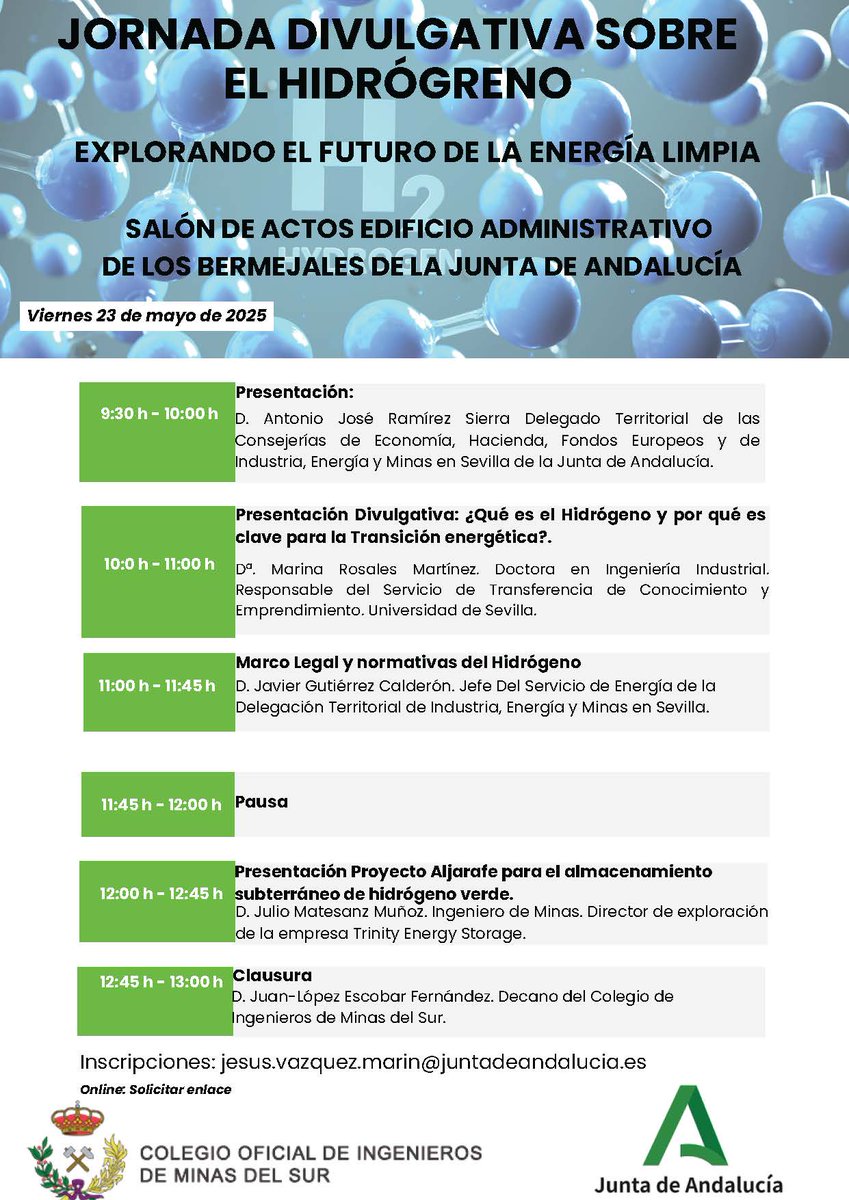 Colegio Oficial de Ingenieros de Minas del Sur (@surminasoficial) on Twitter photo ➡️ Hoy puedes seguir en directo la jornada divulgativa sobre el hidrógeno, organizada en colaboración con <a href="/AndaluciaJunta/">Junta de Andalucía</a>.
🔎 Explorando el futuro de la energía limpia.
🔗 Accede aquí: eu.yourcircuit.com/guest?token=8d… ➡️ Hoy puedes seguir en directo la jornada divulgativa sobre el hidrógeno, organizada en colaboración con <a href="/AndaluciaJunta/">Junta de Andalucía</a>.
🔎 Explorando el futuro de la energía limpia.
🔗 Accede aquí: eu.yourcircuit.com/guest?token=8d…