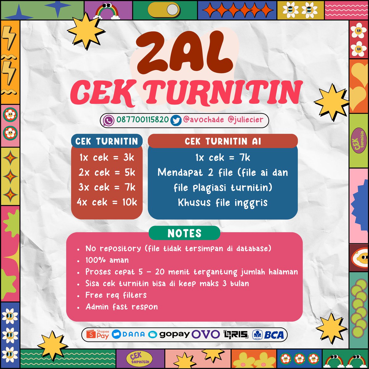avochade's tweet photo. ￮ ੭ 𓈒  hello lova!  ✿  yang mau cek plagiasi turnitin bisa disini ya, 1OO% trusted 🎀

— no repository (data dijamin aman)
— fast response
— trusted since 2020
— ready akun turnitin priv (harga scroll kebawah)
 
♡˖    💌 :: @avochade ꒰ https://t.co/5Gx7ML2INi https://t.co/s1fqnVUPr2