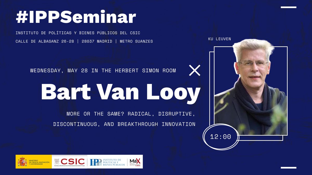 Instituto de Políticas y Bienes Públicos del CSIC (@ipp_csic) on Twitter photo Bart Van Looy de <a href="/KU_Leuven/">KU Leuven</a> visita el #IPPSeminar para hablar de innovación con todas sus letras: radical, disruptiva, continua… o no.
Será el próximo miércoles 28 a las 12 en la Herbert Simon del <a href="/CCHS_CSIC/">Ciencias Humanas y Sociales (CCHS - CSIC)</a>
¿No podrás asistir? Síguelo en directo aquí:
tinyurl.com/yrmlj2lx Bart Van Looy de <a href="/KU_Leuven/">KU Leuven</a> visita el #IPPSeminar para hablar de innovación con todas sus letras: radical, disruptiva, continua… o no.
Será el próximo miércoles 28 a las 12 en la Herbert Simon del <a href="/CCHS_CSIC/">Ciencias Humanas y Sociales (CCHS - CSIC)</a>
¿No podrás asistir? Síguelo en directo aquí:
tinyurl.com/yrmlj2lx