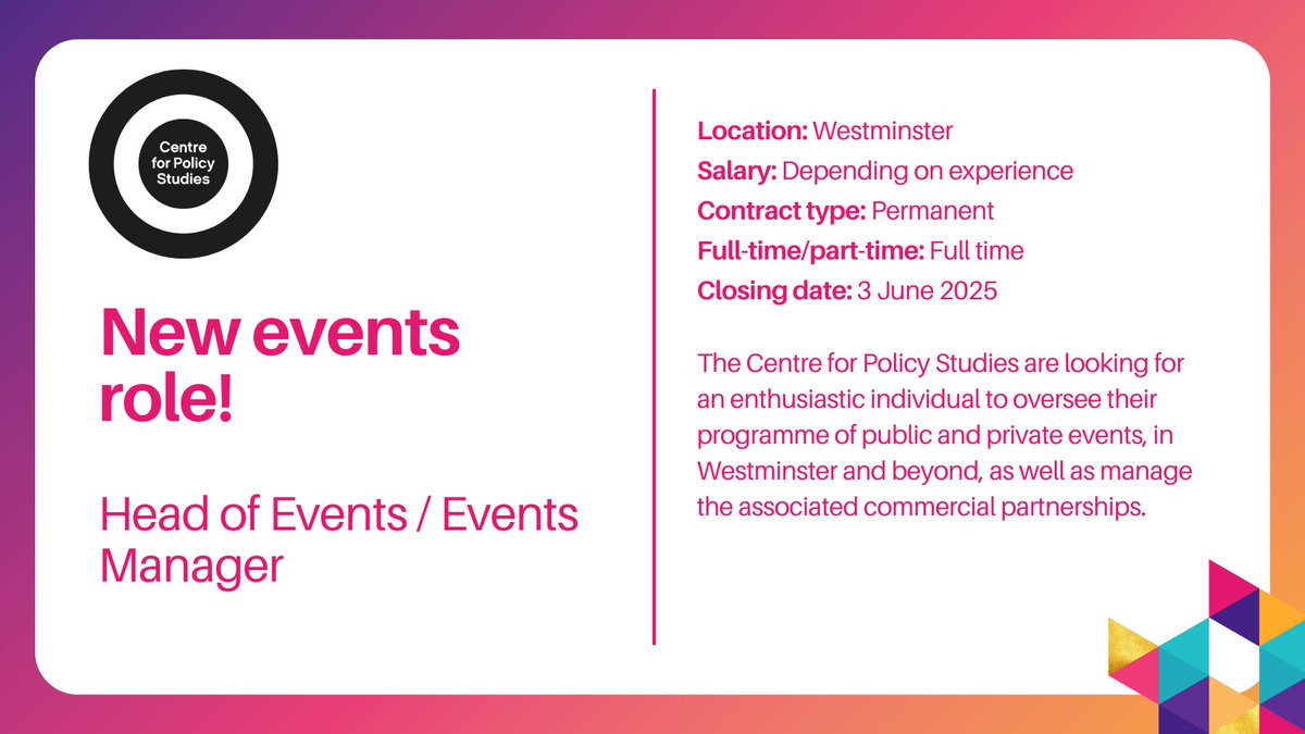 Smart Thinking (@smartthinktanks) on Twitter photo Love organising and creating events? Fancy a role in a Westminster think tank? <a href="/CPSThinkTank/">Centre for Policy Studies</a> are looking for a highly-organised and experienced events professional to join them as HEAD OF EVENTS/EVENTS MANAGER and run their high-profile + busy programme: bit.ly/4k9oNyF Love organising and creating events? Fancy a role in a Westminster think tank? <a href="/CPSThinkTank/">Centre for Policy Studies</a> are looking for a highly-organised and experienced events professional to join them as HEAD OF EVENTS/EVENTS MANAGER and run their high-profile + busy programme: bit.ly/4k9oNyF