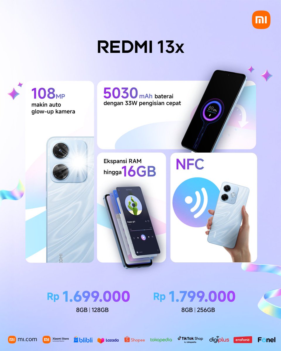 Sekarang waktunya #MakinAutoGlowUp bareng #Redmi13x

Punya kamera 108MP dengan 3x in-sensor zoom udah pasti bikin foto-foto kamu makin catchy dan ready to post. Desainnya juga fresh banget! Pastinya bikin kamu makin stylish deh~

Buruan check out sekarang juga di seluruh Offical