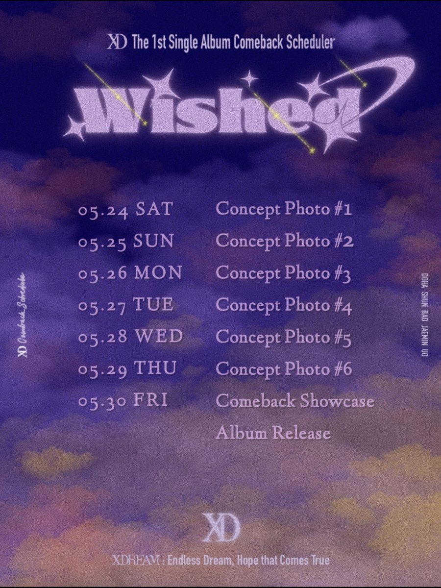XD_officialKR's tweet photo. 🔔
XD The 1st Single Album Comeback Scheduler
2025.05.30(FRI) 6pm [KST] Release

#Wished
#엑스디 #XD
#도하 #DOHA 
#슌 #SHUN 
#바오 #BAO 
#재민 #JAEMIN 
#유오 #UO https://t.co/6KtY1EYs1K