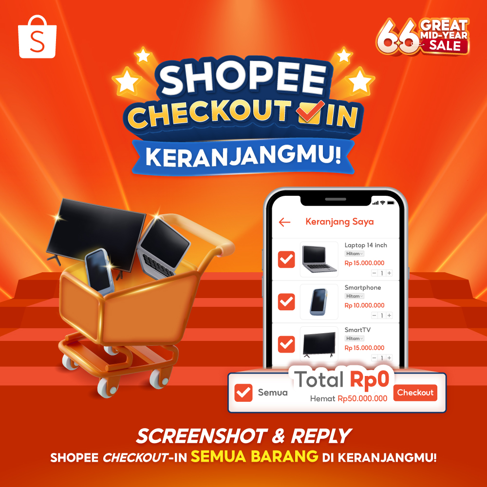 🎁 Shopee Checkout-in Keranjang 🎁

Mau Mimin checkout-in SEMUA isi keranjang kamu? Ikutan aja! Caranya:
- ⁠FOLLOW <a href="/ShopeeID/">Shopee Indonesia</a>
- ⁠RT &amp; LIKE
- REPLY dengan SCREENSHOT keranjang &amp; alasan kamu mau Shopee checkout-in keranjangnya, wajib sertakan kota domisili kamu + #ShopeeCheckoutin