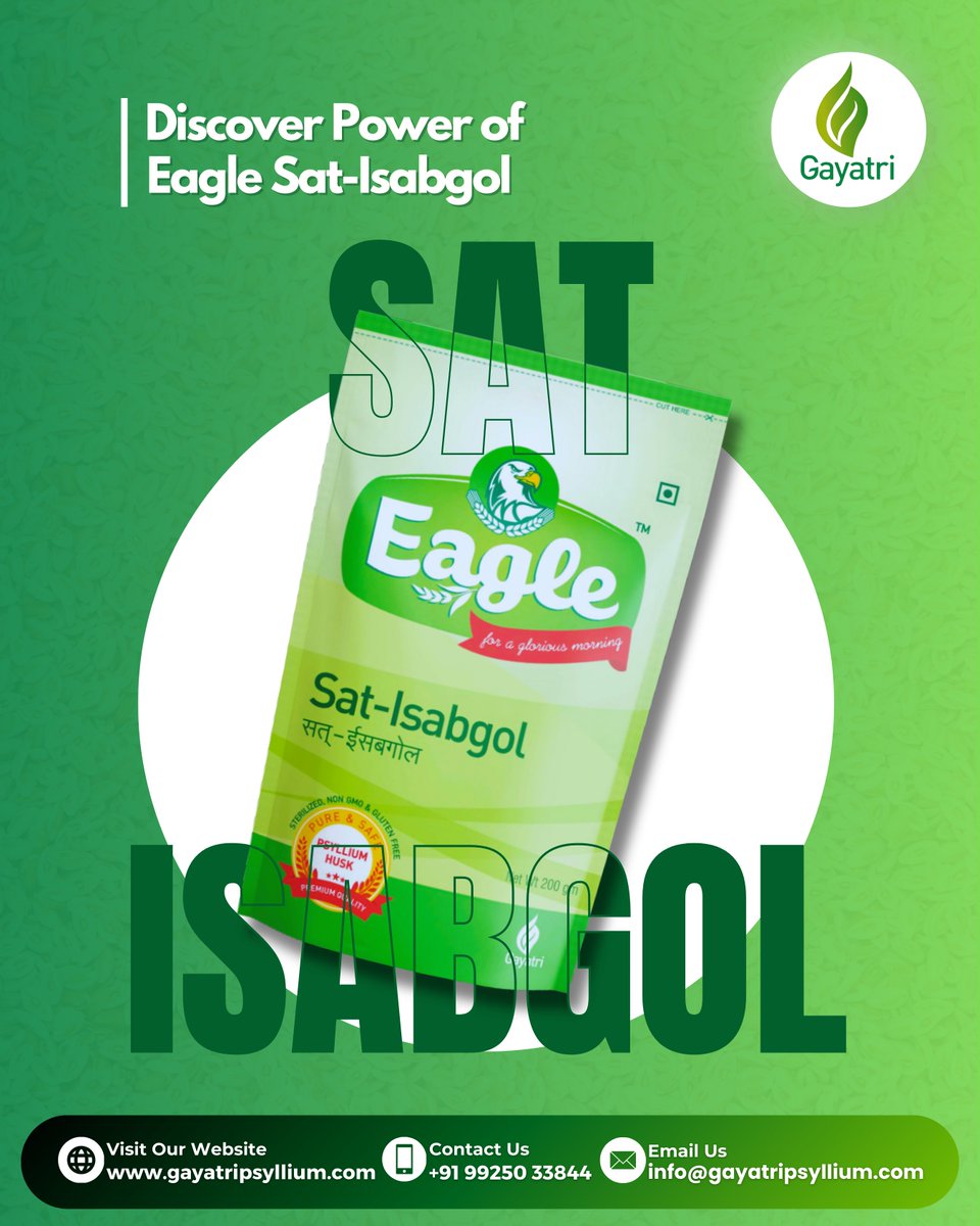 gayatripsyllium's tweet image. ✨Feel Light, Feel Right – #EagleSatIsabgol of #GayatriPsyllium

🤔When is the best time to take #SatIsabgol? Right after dinner or before bedtime with warm water for effective overnight relief.
🔗gayatripsyllium.com

#PsylliumProducts #PsylliumPowder #PsylliumFiber #Isabgol