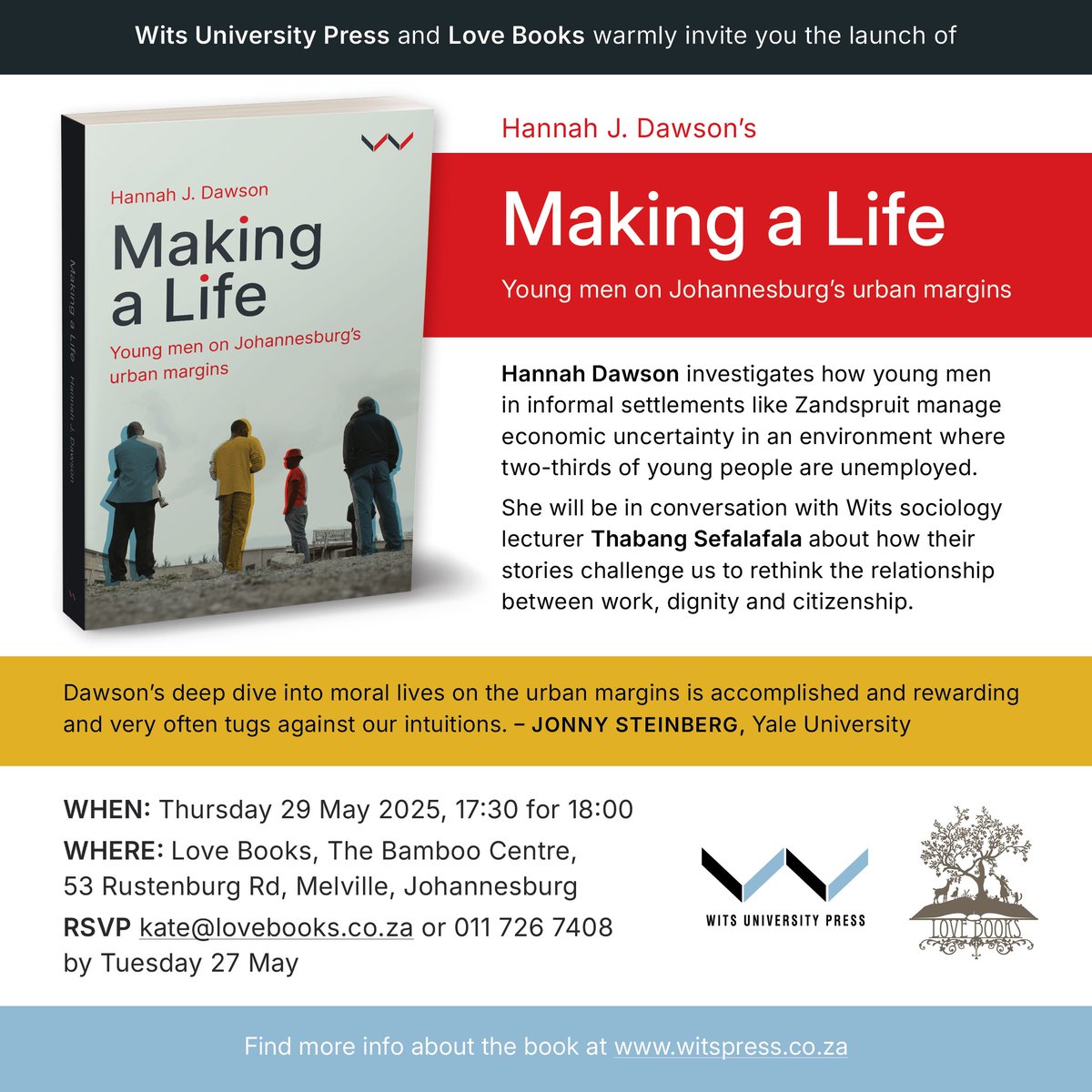 Next Thursday, I'll be in conversation with <a href="/ThabangSefalax2/">Thabang Sefalafala</a> <a href="/LoveBooksJozi/">Love Books</a> . 
RSVP here: lovebooks.co.za/event/making-a…