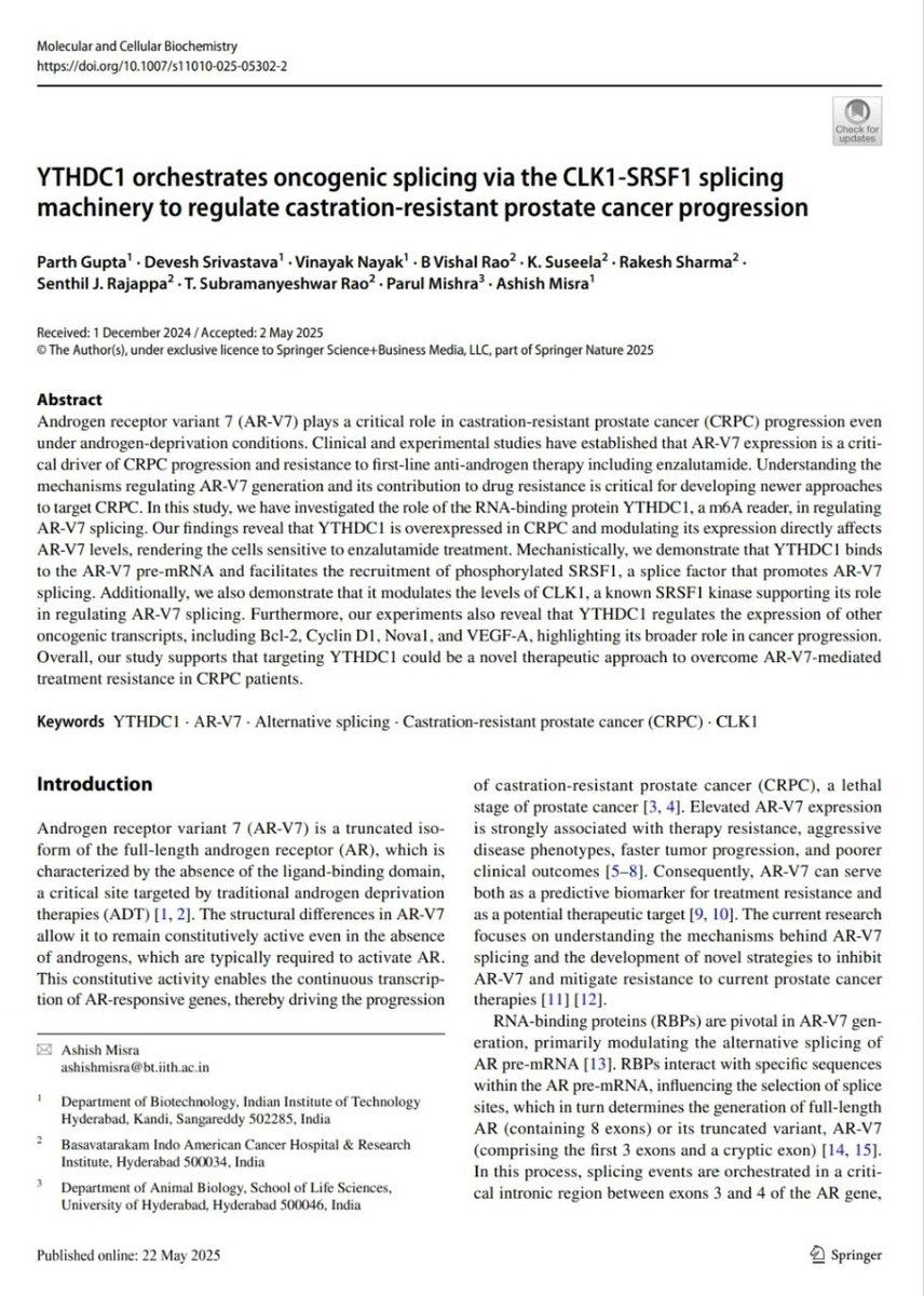 Dear All, I am happy and proud to share with you all that the study from our Institute's first collaboration with IIT Hyderabad is published in the Molecular and Cellular Biochemistry Journal. doi.org/10.1007/s11010…
I thank you and the institute for the support and wishes 🙏