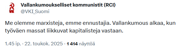 Tämä on se vallankumous, jota eräs marxisti nimeltä Mussolini kyllästyi odottelemaan, kun se ei koskaan tapahtunut orgaanisesti.

Benito päätti hiukan vauhdittaa liikehdintää. Niin syntyi fasismi.

Autoritaarinen sosialisti toimii joka ikinen kerta samalla kaavalla.