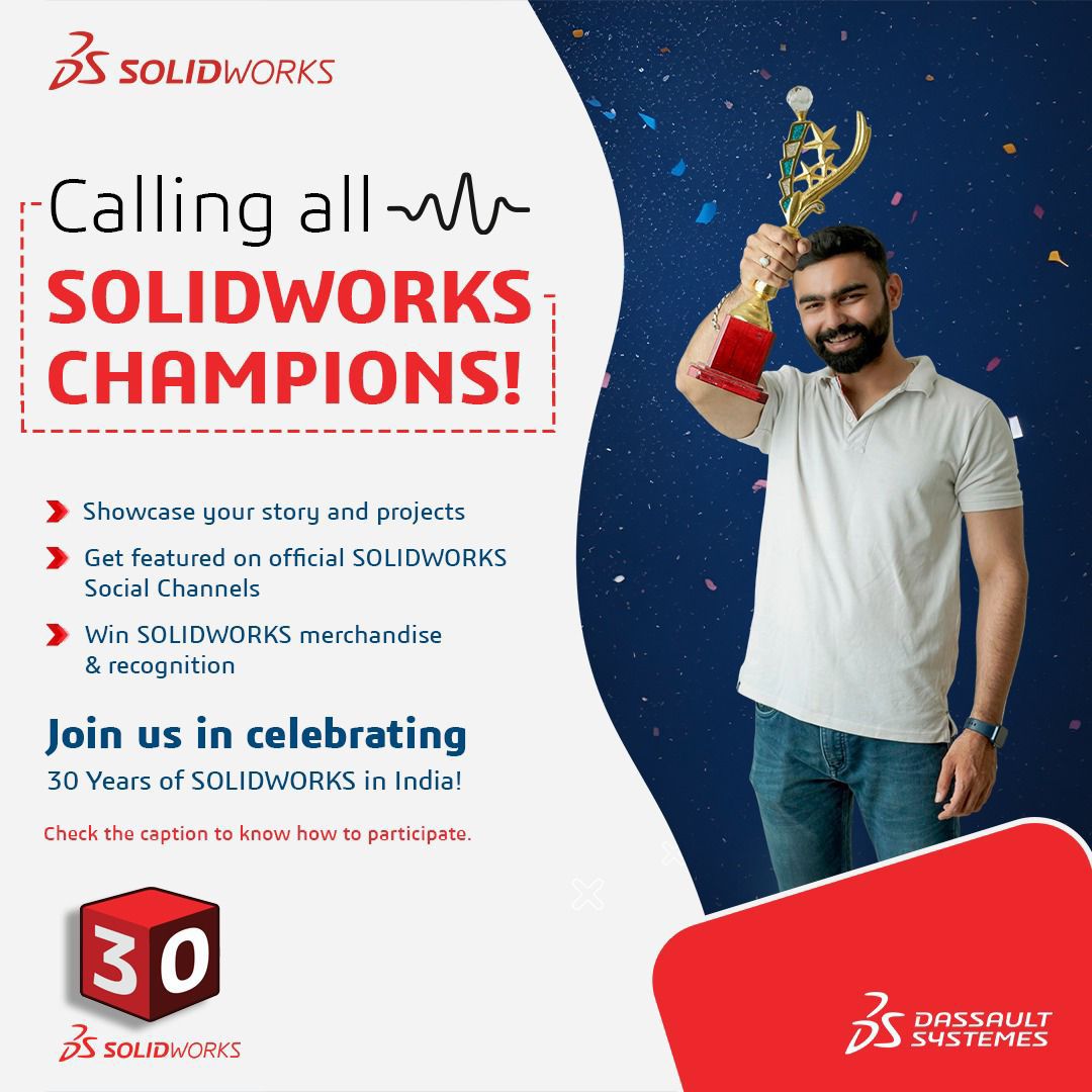 Calling all SOLIDWORKS Champions from India.

Have a design story that deserves the spotlight? 

How to Participate:
1.If interested, drop an email to solidworks.in.marketing@3ds.com and we will reach out
2. Stay tuned—we might just feature YOU!