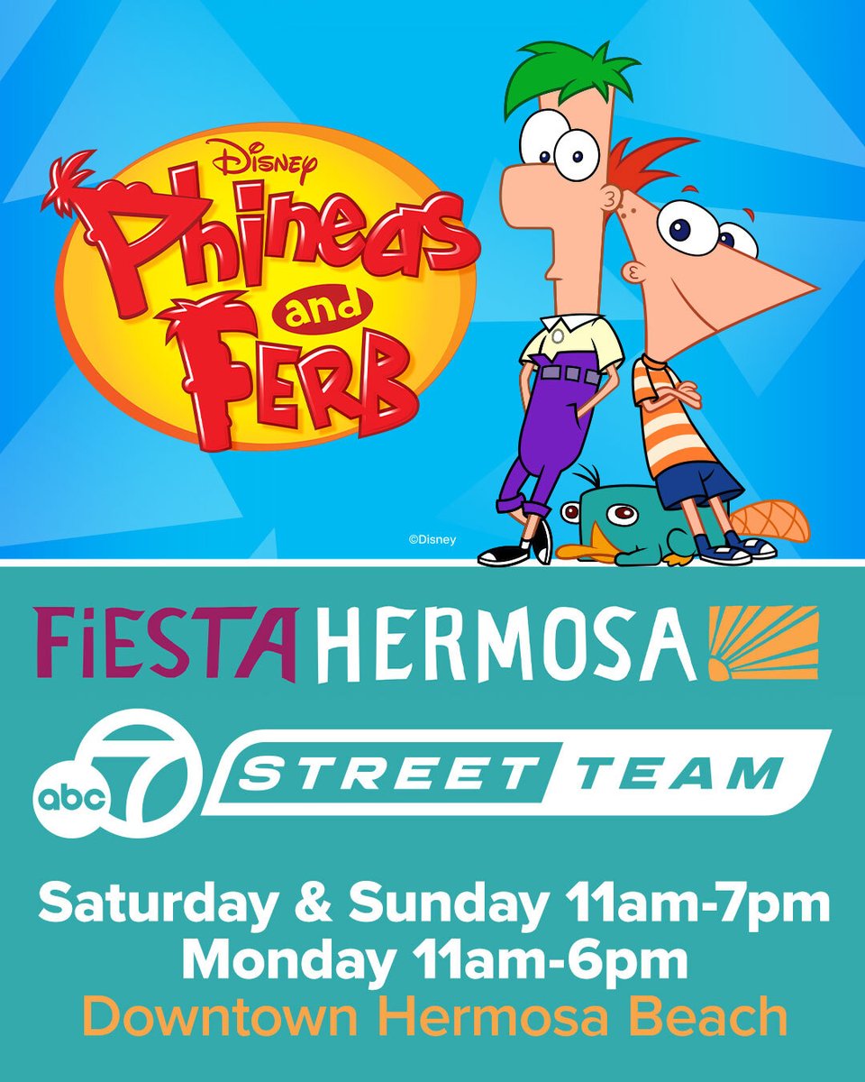 Kick off Memorial Day weekend with us and @PhineasandFerb! ABC7 Street Team will be at Fiesta Hermosa Saturday, May 24, through Monday, May 26. We'll be handing out ABC7-branded swag with our prize wheel, including exclusive Disney Channel's Phineas and Ferb merch.