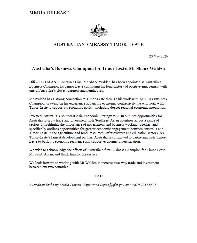 AusAmbDili's tweet photo. Pleased that Mr Shane Walden, CEO of @ANLShipping has been appointed as 🇦🇺Australia’s Business Champion for 🇹🇱 Timor-Leste. 

We look forward to working with Shane to help increase two-way trade and investment between Australia and Timor-Leste. https://t.co/Jufuj8pS6J