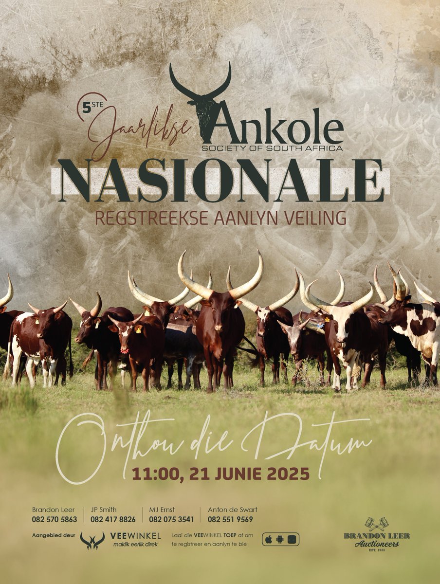 Die Ankole-genootskap van Suid-Afrika se 5de jaarlikse nasionale #veiling vind op 21 Junie 2025 om 11:00 by Bona Bona veilinghuis plaas. 63 lotte en 11 lotte van Ankole-genetika sal op #aanbod wees. Kontak MJ Ernst (082 075 3541) of Brandon Leer (082 570 5863) vir meer.