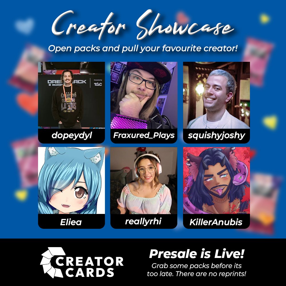 CreatorCardsHQ's tweet photo. 🚨 New Creators Just Dropped! 🚨
Six more legends are in the mix—ready to be pulled, traded, and battled for bragging rights! 🃏🔥

✨ @itsdopeydyl
✨ @fraxured_plays 
✨ @squishyjoshy 
✨ @Eliea944 
✨ @ReallyRhi_TTV 
✨ @killer_anubis https://t.co/NGLeabz2IW