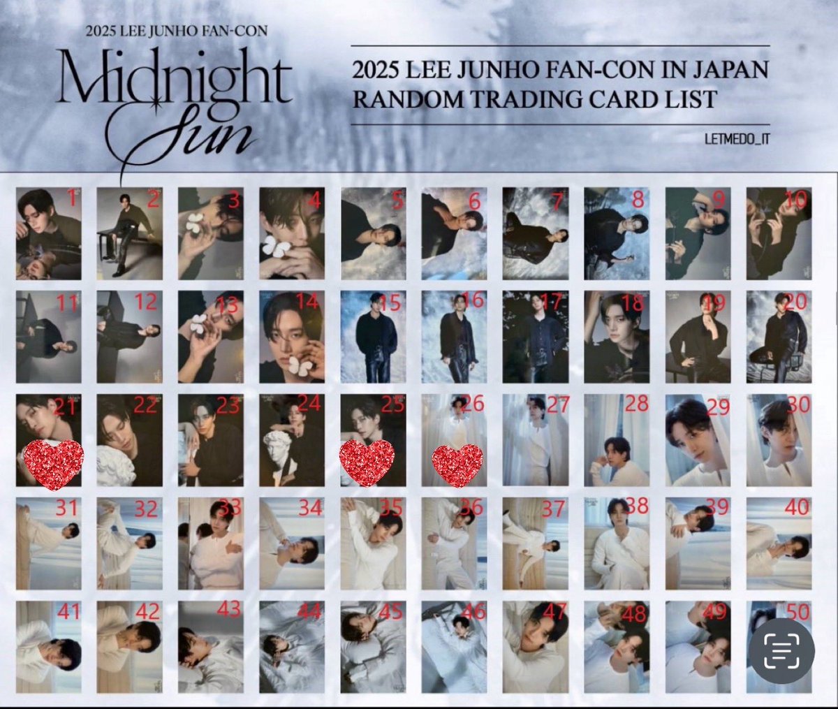 拡散お願い🙏

こちらも皆様のお力添えでコンプまであと一歩です🥹
交換、お譲りどーぞよろしくお願いします🙇‍♀️

求▶️💛(1枚目の1.9.48番)
譲▶️♥️(2枚目の21.25.26番)

※画像お借りしています(❁ᴗ͈ˬᴗ͈)

#이준호
#leejunho
#イジュノ
#MidnightSun_JAPAN