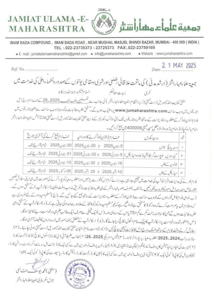 جمعیۃ علماء مہاراشٹر اسکالرشپ 2025-26