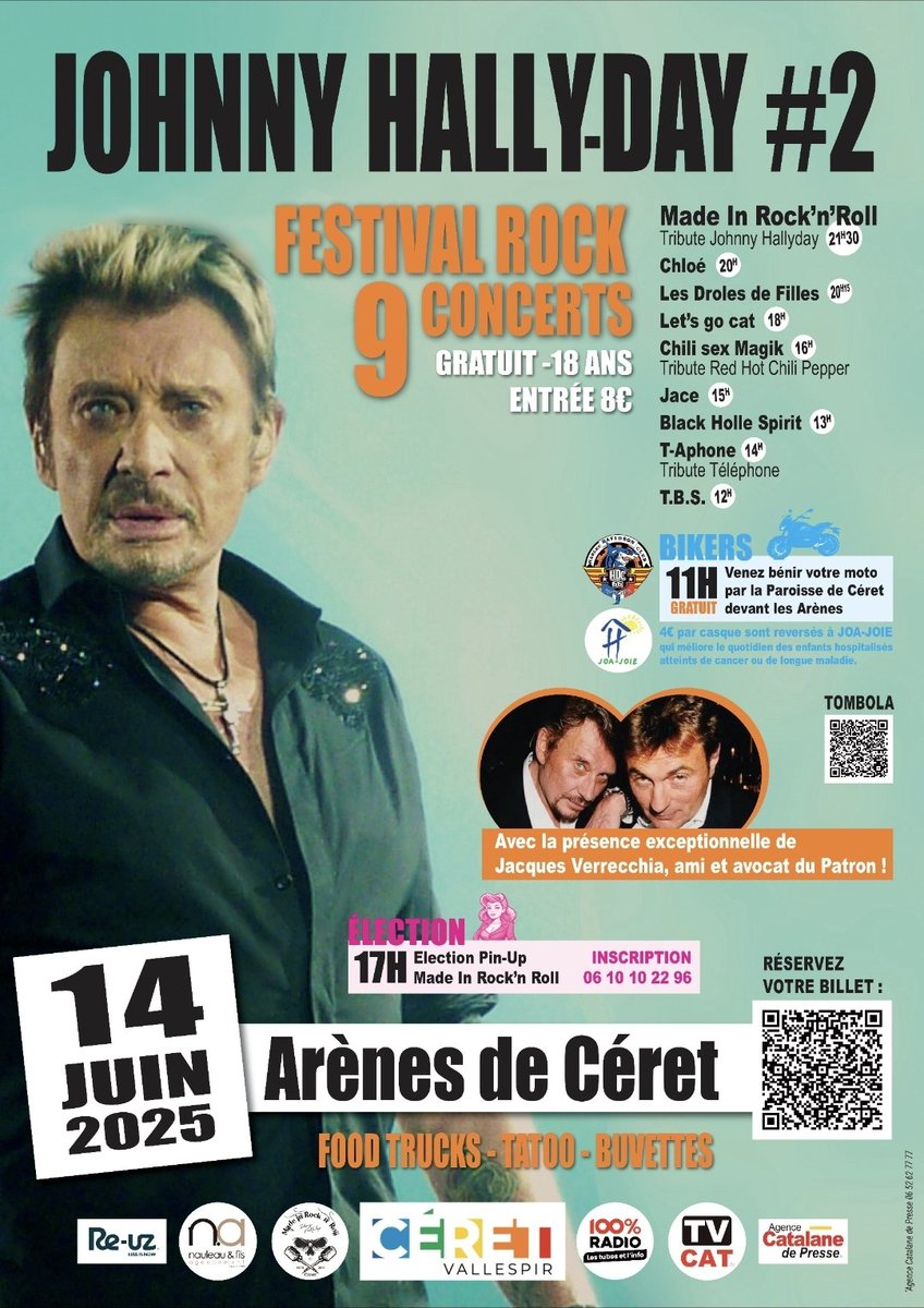 Rendez-vous aujourd’hui chez Tollens Céret !
Places en vente pour Johnny Hally-Day #2 Festival Rock du 14 juin 2025 aux Arènes de Céret !
9 concerts, bénédiction motos, tattoo, food trucks…
8€ / Gratuit -18 ans
#TheJohnnyHallyday2FestivalRock