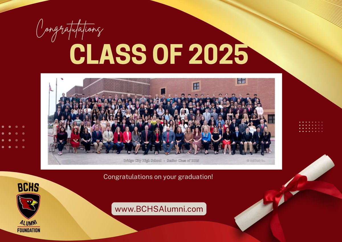 BCHSAlumni's tweet photo. From the Bridge City High School Alumni Foundation: Congratulations to the 2025 Graduating Class of BCHS. You made it!

#OnceACardinalAlwaysACardinal
#BCHSAlumniFoundation
#CardinalStrong
#BridgeCityTX
#GoBigRed https://t.co/EJ1lCY3syt