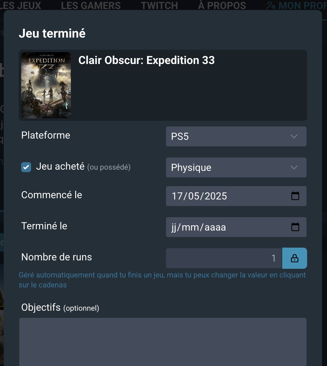 📣 Nouveauté Gamelog !

Sur une suggestion de <a href="/Shepardit0/">Shepard</a> , vous pouvez maintenant indiquer le nombre de runs de vos jeux  !

C'est géré automatiquement quand vous finissez un jeu, ou vous pouvez déverrouiller pour mettre la valeur que vous voulez !

Bonne journée et bon jeu 🕹️ !