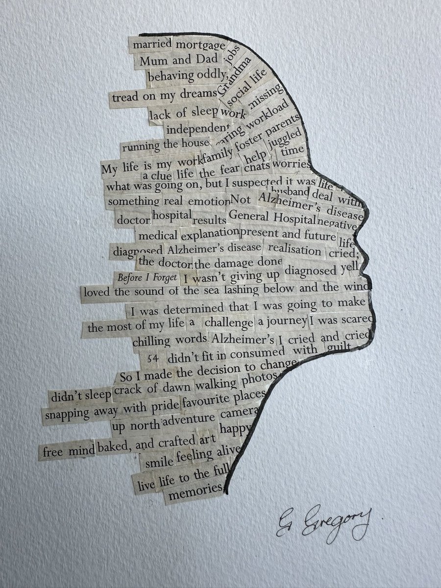 Good Morning 😊
Happy Friday !
My last piece of art for Dementia Action Week…of course there will be others 😊
This piece if you look closely is snippets from my life story.
Enjoy your day and have a lovely weekend 😊
