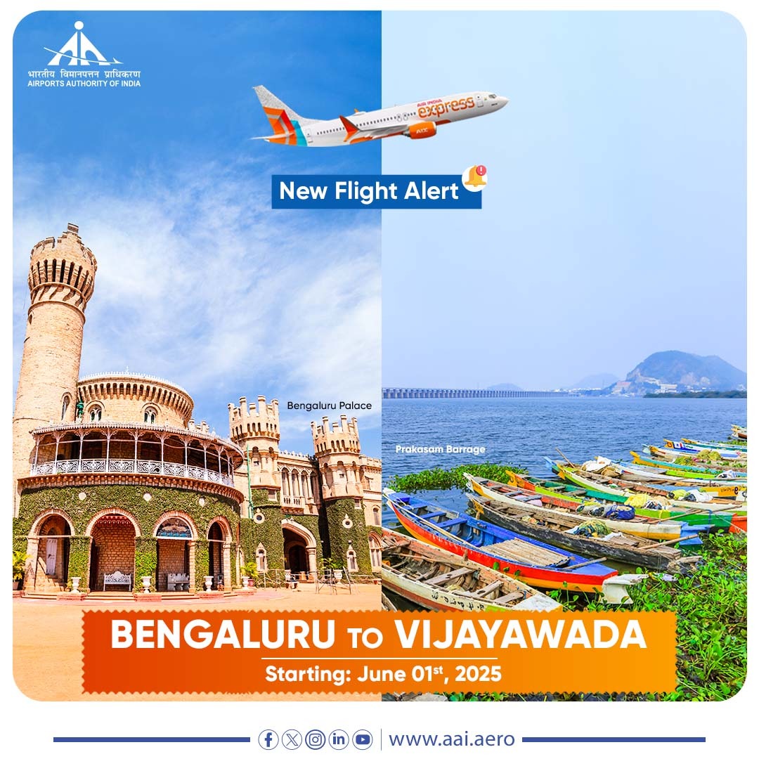 AAI_Official's tweet image. #India’s #FlightConnectivity is soaring to new heights as #AAI in coordination with Airlines is unlocking new international and domestic gateways. Get ready to explore the vibrant energy of #Bengaluru, now connected directly from #AAI’s #VijayawadaAirport @aaivjaairport.