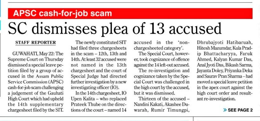 FightApsc's tweet photo. #APSC_Job_Scam
The SC dismissed the appeal of 13 accused ACS-APS officers
The Special Judge,Guwahati had partially rejected the SIT chargesheet for omitting some fraudulently selected officers and later took suo motu cognizance, which was challenged.
#Assam_Tribune #SupremeCourt https://t.co/Anl9ILi0HH