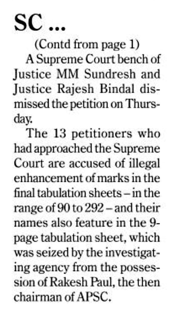 FightApsc's tweet photo. #APSC_Job_Scam
The SC dismissed the appeal of 13 accused ACS-APS officers
The Special Judge,Guwahati had partially rejected the SIT chargesheet for omitting some fraudulently selected officers and later took suo motu cognizance, which was challenged.
#Assam_Tribune #SupremeCourt https://t.co/Anl9ILi0HH