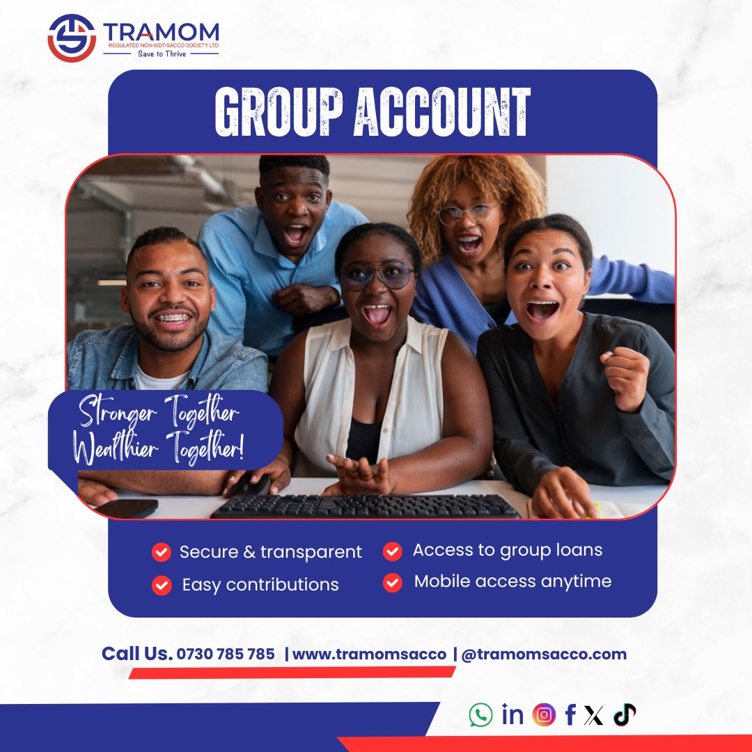 TramomSacco's tweet photo. Open a Group Savings Account with TRAMOM SACCO today and take your chama, welfare group, or business team to the next level!
Open your group account today and let your unity grow your wealth!
π² Visit our office or call.0730 785 785 | #SaveToThrive https://t.co/MroGG4AhYm