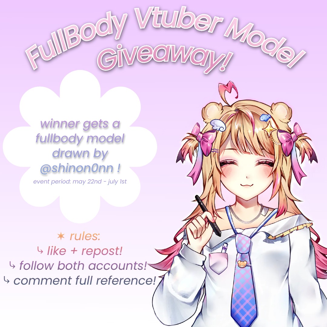 ˚₊‧꒰ა ♱ vtuber model raffle ♱ ໒꒱ ‧₊˚

✶ prize: free full-body l2d art from: <a href="/shinon0nn/">𝗠𝗮𝗿𝗶 ¡! ♡</a>
⤷ this model will be unrigged!

✶ rules: 
⤷ like + repost!
⤷ follow: <a href="/WlNNlE/">‿̩͙⊱༒︎༻♱༺༒︎⊰‿̩͙</a> + <a href="/shinon0nn/">𝗠𝗮𝗿𝗶 ¡! ♡</a> 
⤷ comment full reference!

⌞ ENDING JULY 1ST⌝