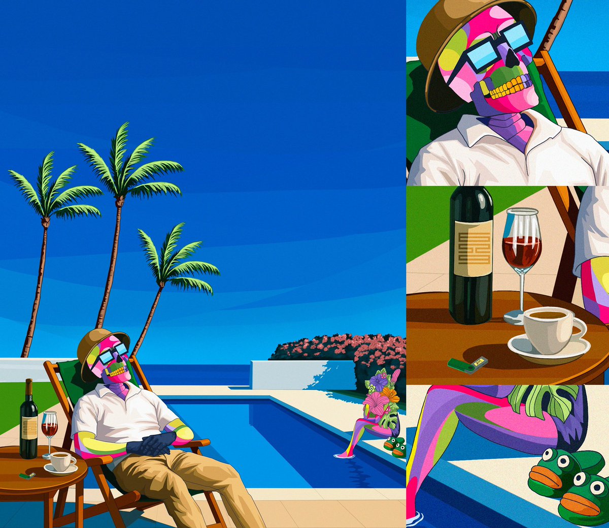 Ruben_BigQ's tweet image. Dear GM fams. my latest card in SZN11 6529 “The Vacation That Wasn’t”
🧵 1/8 In the pastel calm of a tropical escape, a Punk lounges by the pool.
But look closely — the drink’s untouched, the shades hide unrest.
This isn’t a vacation.
It’s crypto-induced paranoia in paradise.
⬇️