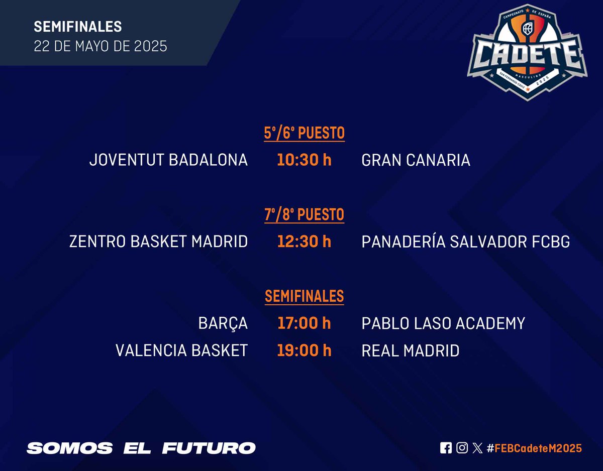 CompeticionFEB's tweet photo. 🏀 #FEBCadeteM2025:  Día de Semifinales en San Fernando

▶️ La sorprendente @Lasoacademy examina el proyecto blaugrana

🕤 Desde las 10:30h
📝 https://t.co/0H5oaMVXjB
📊 https://t.co/ImYpxfDBV6
📺 https://t.co/fJJZ5LGfNe https://t.co/f2IsxPMXAs