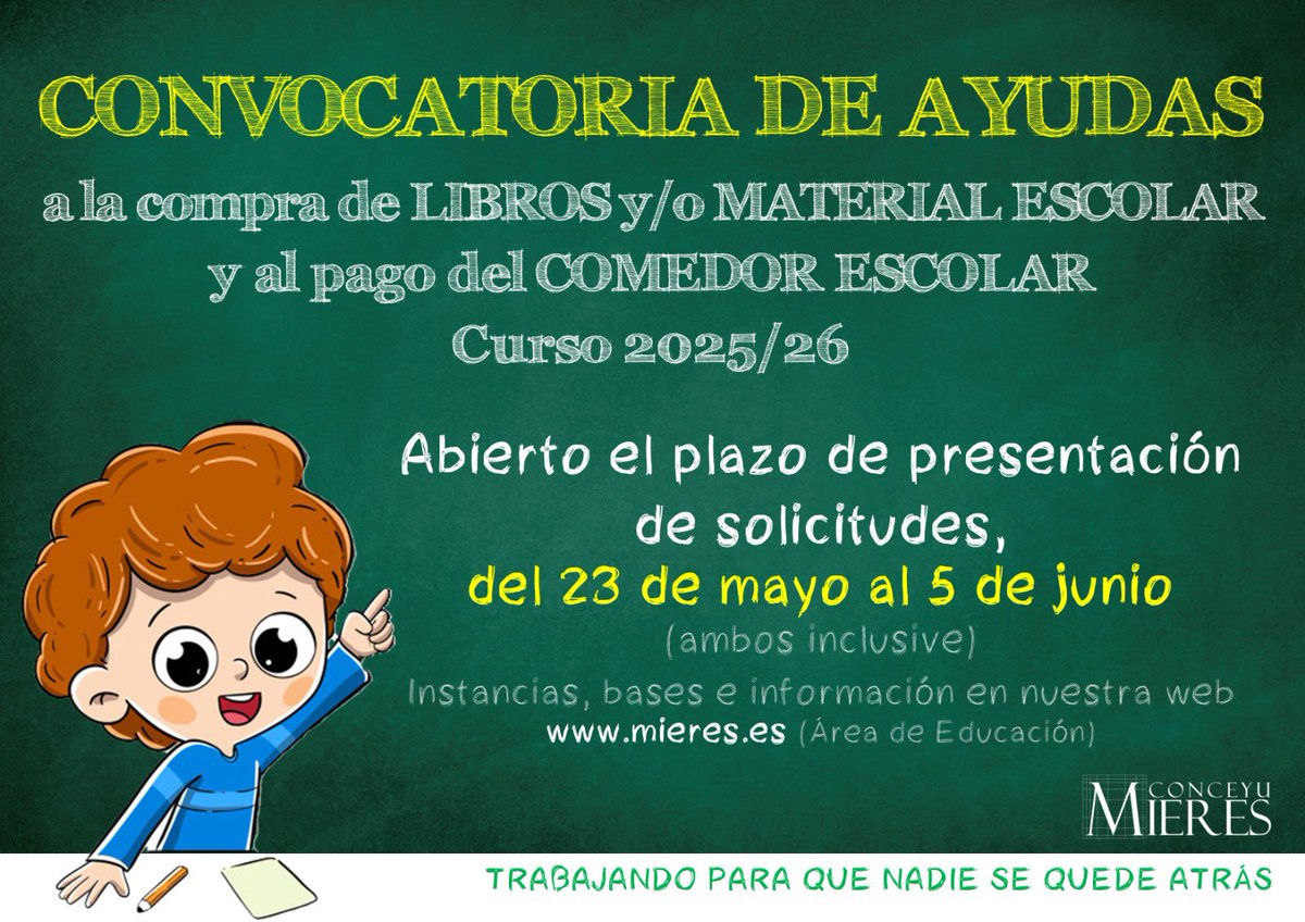 Convocadas las ayudas a la compra de libros y material escolar en Infantil y al pago de comedor en Infantil y Primaria, con 115.000 euros de presupuesto global.

El plazo de solicitud estará abierto desde hoy hasta el 5 de junio. Toda la info ⬇️

mieres.es/convocadas-las…