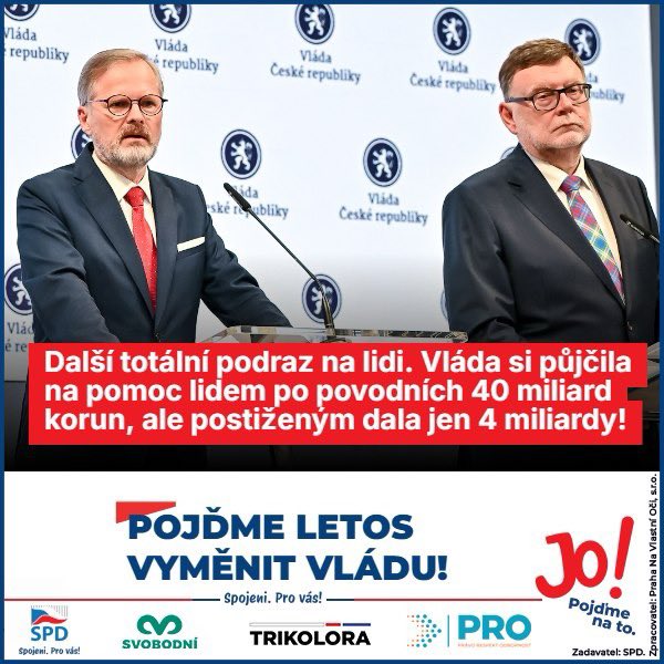 tomio_cz's tweet photo. Další totální podraz vlády na lidi. Fialova vláda si půjčila na pomoc lidem po loňských povodních 40 miliard korun, ale postiženým lidem a oblastem z toho dala celkem jen 4 miliardy. Zbytek skončil neznámo kde. Asi na Ukrajině…? Pojďme letos vyměnit vládu! Pro SPD je český občan na 1. místě!

Jak totiž vyplývá z Výroční zprávy Národní rozpočtové rady za rok 2024, i když vláda prosadila v režimu legislativní nouze zvýšení deficitů loňského a letošního státního rozpočtu v součtu o 40 miliard korun, na sanaci povodňových škod dosud vydala jen čtyři miliardy korun. Což potvrdil na jednání sněmovního Rozpočtového výboru minulý týden i člen Národní rozpočtové rady prof. Jan Pavel. Upozornil na to server Fintag.

 #vlada #politika #finance
