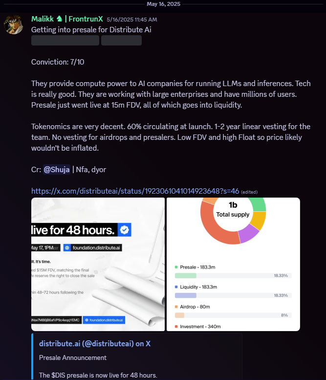 _2NJAYY's tweet photo. $DIS presale was spotted early at @AsaanCrypto 

Since launch, it’s up 4.75x 🚀 from the 15M MC 

Early gems? That’s-> https://t.co/Zj5K4bArKG
@distributeai Team-> @Shuja_18 https://t.co/MmW0gVrzkf