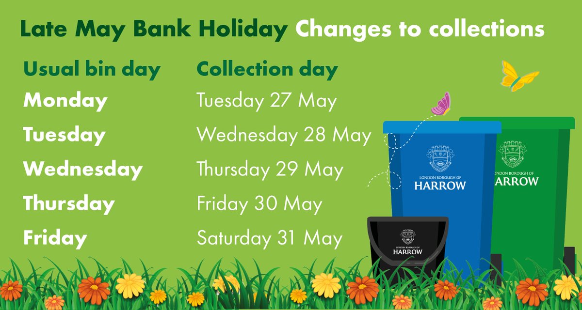 ⚠️ Remember, your bin collection will be a day later than normal next week due to the bank holiday. Please put your bins out by 6am on the day shown.
♻️ harrow.gov.uk/bins