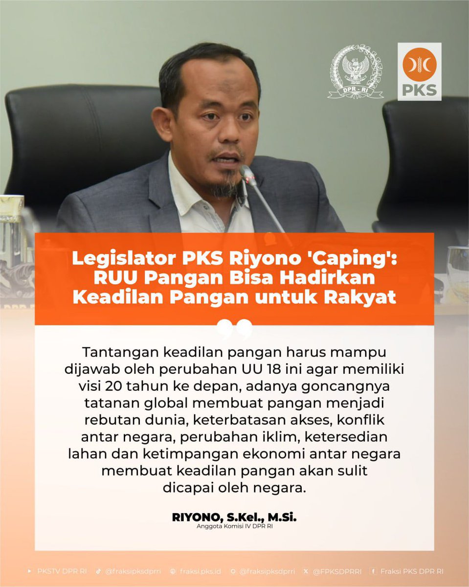 Legislator PKS Riyono 'Caping' : RUU Pangan Bisa Hadirkan Keadilan Pangan untuk Rakyat 

Perubahan UU Pangan No. 18 tahun 2012 menjadi sangat penting untuk memastikan hadirnya pangan yang bergizi untuk rakyat. Akses pangan untuk semua sangat penting bagi lahirnya generasi emas