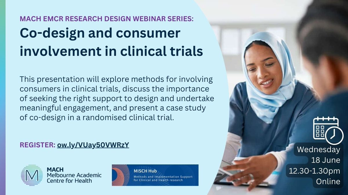 Melbourne Academic Centre for Health (@machaustralia) on Twitter photo In this webinar, Mary Stathopoulos <a href="/MischHub/">MISCH Research Hub</a> will discuss how and when to integrate consumer insights into your research in ways that benefit consumers, researchers & the process itself.
Register: ow.ly/VUay50VWRzY
#ResearchDesign #ConsumerInvolvement #CoDesign In this webinar, Mary Stathopoulos <a href="/MischHub/">MISCH Research Hub</a> will discuss how and when to integrate consumer insights into your research in ways that benefit consumers, researchers & the process itself.
Register: ow.ly/VUay50VWRzY
#ResearchDesign #ConsumerInvolvement #CoDesign
